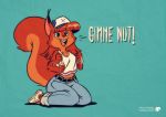  absurd_res anthro baseball_cap bottomwear buckteeth clothing denim denim_clothing dialogue english_text female fox-pop hat headgear headwear hi_res jeans kneeling mammal midriff open_mouth pants rodent sciurid solo teeth text 