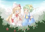  2girls arnest bangs blonde_hair blue_eyes blush bow daiyousei eyebrows_visible_through_hair fairy_wings food fruit full-face_blush green_eyes green_hair hair_bow hat lily_white long_hair looking_at_another multiple_girls open_mouth short_hair strawberry touhou wings 