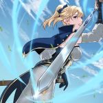  1girl bangs blonde_hair blue_capelet blue_eyes blue_gloves blue_sky bow capelet cloud coattails falling_leaves genshin_impact gloves hair_bow hair_ribbon hievasp highres holding holding_sword holding_weapon jean_gunnhildr leaf looking_to_the_side multicolored_capelet pants parted_lips ponytail ribbon sheath sky sword tight tight_pants weapon white_pants wind wind_lift 