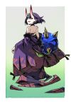  1girl bare_shoulders fate/grand_order fate_(series) gradient gradient_background gradient_horns highres horns japanese_clothes lamian_(pixiv415608) looking_at_viewer looking_back multicolored_horns off_shoulder oni oni_horns parted_lips patterned patterned_clothing pointy_ears purple_eyes purple_hair short_hair shuten_douji_(fate/grand_order) smile solo spikes 