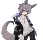  1boy animal_ears black_jacket fur_trim ghost_(tama) grey_eyes hands_in_pocket highres jacket leaning_back looking_down original red_hair solo tail white_background wolf_boy wolf_ears wolf_tail 