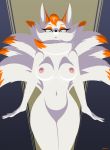  2020 anthro blue_eyes breasts canid canine devo87 digital_media_(artwork) female fox hi_res hotel_transylvania kitsune_(hotel_transylvania) looking_at_viewer mammal nipples solo 