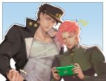  /\/\/\ 2boys abs artist_name black_coat black_hair cherry_print clenched_hand coat collarbone earrings food_print furrowed_eyebrows gakuran handheld_game_console hat highres holding holding_handheld_game_console jewelry jojo_no_kimyou_na_bouken kakyouin_noriaki ketanbakar kuujou_joutarou leaning_over long_sleeves male_focus multiple_boys muscle nintendo_switch open_clothes open_coat pink_hair playing_games popped_collar school_uniform short_hair standing stardust_crusaders sweat twitter_username video_game yaoi 