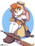  anthro clothing cosplay ear_bow female furboz girls_frontline gun lagomorph legwear leporid looking_at_viewer m14 mammal panty_peek rabbit ranged_weapon rifle school_uniform sitting solo sonic_the_hedgehog_(series) stockings uniform vanilla_the_rabbit weapon 