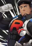  1boy black_eyes black_headwear cliff_(pokemon) closed_mouth commentary covered_abs gloves grey_gloves hat highres looking_at_viewer male_focus muscle poke_ball poke_ball_(basic) pokemon pokemon_(game) pokemon_go short_hair skin_tight smile solo team_go_rocket team_rocket team_rocket_uniform zifuuuun 