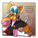  1:1 anthro big_breasts big_butt breasts butt canid canine chiropteran clothing dialogue domination duo english_text facesitting female female_domination fox hand_on_butt hi_res high_heeled_boots huge_breasts huge_butt kneeling lying male male/female mammal miles_prower parumpi rouge_the_bat sonic_the_hedgehog_(series) teal_eyes text thick_thighs torn_clothing 