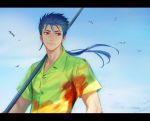  1boy bird blue_hair buttons cloud collared_shirt cu_chulainn_(fate)_(all) day earrings fate/stay_night fate_(series) fishing_rod holding jewelry lancer long_hair looking_to_the_side male_focus outdoors ponytail red_eyes seagull shirt sky smile solo spiked_hair suda_ayaka type-moon 