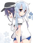  2girls akatsuki_(kantai_collection) alternate_costume blue_eyes blue_hair buruma flat_chest flower gym_uniform hair_flaps hat hibiki_(kantai_collection) kantai_collection long_hair multiple_girls open_mouth purple_eyes yoru_nai 