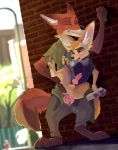  anal anal_penetration animal_genitalia animal_penis anthro balls brick_wall canid canine canine_penis clothing disney drmax duo fennec finnick fox genitals hi_res knot male male/male male_penetrated male_penetrating male_penetrating_male mammal nick_wilde penetration penis public zootopia 
