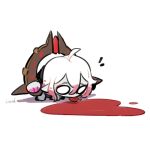  1girl ahoge artist_name blood briar_(league_of_legends) chained_wrists chibi gambler_carrd hair_between_eyes kneeling league_of_legends licking_blood no_pupils notice_lines pool_of_blood simple_background solo white_background white_eyes 