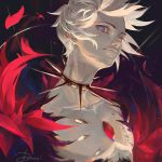  1boy artist_name blue_eyes collar dark_background drowzzi fate/grand_order fate_(series) gem highres karna_(fate) long_neck male_focus pale_skin photoshop_(medium) solo spiked_collar spikes white_hair 