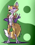  2018 alternate_color anthro arm_warmers armwear bassybefuddle black_nose breasts canid canine clothing cosplay countershade_face countershade_torso countershading crossover crossover_cosplay darma_(rock_dog) digimon digimon_(species) digital_media_(artwork) dipstick_ears dipstick_tail facial_markings female fox fur genitals gesture hand_on_hip head_markings leg_markings looking_at_viewer mammal markings mostly_nude multicolored_body multicolored_ears multicolored_fur multicolored_tail navel nipples nude one_eye_closed paws peace_signs pussy renamon rock_dog simple_background smile solo standing thigh_marking two_tone_body two_tone_fur white_body white_fur wink yellow_body yellow_fur 