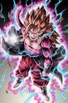  1boy aura closed_mouth dragon_ball dragon_ball_heroes earrings floating_rock gloves highres jewelry long_hair looking_at_viewer looking_up male_focus monkey_boy monkey_tail muscle pants pink_fur potara_earrings red_hair red_pants solo spiked_hair super_saiyan super_saiyan_4 tail vegetto vegetto_(xeno) white_footwear white_gloves youngjijii 