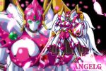  absurdres angelg breasts character_name energy_sword green_eyes highres holding holding_sword holding_weapon large_breasts looking_at_viewer mecha mechanical_skirt mechanical_wings meganeon multiple_views no_humans parted_lips shield standing super_robot_wars super_robot_wars_original_generation sword weapon wings 
