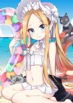 1girl abigail_williams_(fate/grand_order) abigail_williams_(swimsuit_foreigner)_(fate) animal bangs bare_arms bare_legs bare_shoulders barefoot bikini black_cat black_jacket blonde_hair blue_eyes blue_sky blush bonnet bow cat closed_mouth cloud commentary_request day fate/grand_order fate_(series) forehead hair_bow heart highres horizon innertube inumine_aya jacket long_hair looking_at_viewer navel ocean outdoors parted_bangs polka_dot sitting sky smile solo strapless strapless_bikini striped striped_bow swimsuit twintails very_long_hair water white_bikini white_bow white_headwear yokozuwari 