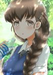  1girl :o absurdres artist_name bangs black_neckwear blue_sweater blurry blurry_background blush bottle braid brown_eyes brown_hair commentary dappled_sunlight dated day depth_of_field dress_shirt english_text eyebrows_visible_through_hair girls_und_panzer hair_ornament hair_over_shoulder hairclip highres holding holding_bottle huge_filesize io-catalyst long_hair looking_at_viewer necktie outdoors parted_lips rukuriri_(girls_und_panzer) school_uniform shirt short_sleeves signature single_braid solo st._gloriana&#039;s_school_uniform summer_uniform sunlight sweater sweater_vest upper_body v-neck water_bottle white_shirt wing_collar 