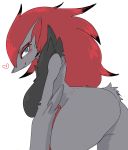  &lt;3 anthro big_breasts big_butt black_body black_fur blue_eyes breasts butt colored ears_back eyelashes female fur grey_body grey_fur hair hi_res leaning leaning_forward long_hair looking_at_viewer meisaikawaii neck_tuft nintendo pivoted_ears pok&eacute;mon pok&eacute;mon_(species) red_body red_fur simple_background small_waist smiling_at_viewer solo thick_thighs tuft video_games wide_hips zoroark 