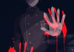  1boy black_jacket blood bloody_handprints commentary danganronpa expressionless gakuran hakusoto hand_on_glass head_out_of_frame jacket male_focus muted_color new_danganronpa_v3 pale_skin saihara_shuuichi school_uniform signature solo spoilers upper_body 