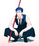  1boy apron blue_hair can collared_shirt cu_chulainn_(fate)_(all) earrings fate/stay_night fate_(series) full_body gae_bolg holding holding_can jewelry lancer long_hair male_focus necktie open_mouth polearm ponytail red_eyes shirt signature smile solo spiked_hair squatting suda_ayaka type-moon vest waiter weapon white_background 