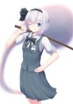  1girl arm_up bangs black_neckwear blue_eyes bokken bow bowtie commentary_request cowboy_shot eyebrows_visible_through_hair floating_clothes green_skirt green_vest hair_ribbon hand_on_hip highres konpaku_youmu konpaku_youmu_(ghost) light_smile looking_at_viewer one_eye_closed partial_commentary pleated_skirt puffy_short_sleeves puffy_sleeves resa_7z_(resastr) ribbon shirt short_hair short_sleeves silver_hair simple_background skirt solo standing sword touhou vest weapon white_background white_shirt wooden_sword 