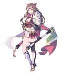  1girl asymmetrical_legwear axe bangs battle_axe brown_eyes brown_hair detached_sleeves dual_wielding enkyo_yuuichirou fire_emblem fire_emblem_fates fire_emblem_heroes fox_mask full_body hana_(fire_emblem) headband highres holding japanese_clothes long_hair mask ninja official_art sandals shin_guards shuriken smile solo transparent_background weapon 