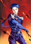  1boy abs armor blue_hair bodysuit cowboy_shot cu_chulainn_(fate)_(all) earrings eilinna embers fate/stay_night fate_(series) gae_bolg jewelry lancer long_hair looking_to_the_side male_focus muscle pauldrons polearm ponytail red_eyes shoulder_armor skin_tight slit_pupils smile solo spiked_hair type-moon weapon 