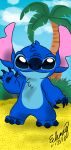  2018 3_toes 4_fingers alien beach black_eyes blue_body blue_eyes blue_fur claws day disney edimay experiment_(lilo_and_stitch) fingers fur gesture head_tuft hi_res lilo_and_stitch looking_at_viewer notched_ear pawpads seaside sky smile stitch_(lilo_and_stitch) toe_claws toes tree tuft waving waving_at_viewer 