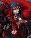  1boy abs blue_hair bodypaint cu_chulainn_(fate)_(all) cu_chulainn_alter_(fate/grand_order) dark_blue_hair dark_persona earrings elbow_gloves facepaint fate/grand_order fate_(series) fur gae_bolg gloves grin hametusinn holding holding_weapon hood hood_up jewelry long_hair looking_to_the_side male_focus monster_boy muscle navel nipples pants pectorals polearm ponytail red_eyes shirtless signature skin_tight smile solo spikes tail type-moon weapon 