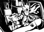  absurdres ahoge arthur_(mystery_skulls) car_interior chair collar driving glasses greyscale hailey_lain highres jacket male_focus monochrome multicolored_hair mystery_(mystery_skulls) mystery_skulls pen_(medium) petting sitting smile steering_wheel thick_eyebrows two-tone_hair window 