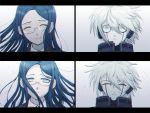  1boy 1girl aqua_eyes black_jacket blue_hair closed_eyes commentary danganronpa facial_mark frown glasses gohan_(8823cobalt) gradient gradient_background happy head_tilt hetero jacket keebo long_hair new_danganronpa_v3 parted_lips power_armor shirogane_tsumugi shirt short_hair simple_background smile unhappy upper_body white_shirt windowboxed 