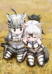  2girls aardwolf_(kemono_friends) aardwolf_ears aardwolf_print aardwolf_tail ahoge animal_ears animal_print bangs bare_shoulders between_legs black_hair black_shorts blunt_bangs blush boots brown_eyes chibi closed_eyes counting cutoffs day elbow_gloves extra_ears eyebrows_visible_through_hair from_above fuji_takanasu full_body gloves hair_between_eyes hand_between_legs hand_on_another&#039;s_arm high_ponytail highres implied_masturbation kemono_friends long_hair long_sleeves looking_at_another miniskirt multicolored_hair multiple_girls necktie open_mouth outdoors outstretched_arm pantyhose plains_zebra_(kemono_friends) print_gloves print_legwear print_neckwear print_shirt print_skirt shirt short_shorts shorts sidelocks sitting skirt sleeveless sleeveless_shirt smile streaked_hair tail two-tone_hair wavy_mouth white_hair white_shirt zebra_ears zebra_girl zebra_print 