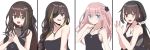  4girls absurdres bangs bare_shoulders black_dress black_hair blue_eyes braid breasts brown_eyes brown_hair cartridge cleavage dress expressionless eyebrows_visible_through_hair eyepatch girls_frontline green_hair grey_eyes hair_between_eyes hair_ornament hair_scrunchie hands_together happy heterochromia highres jewelry jjuwaap large_breasts long_hair looking_at_viewer m16a1_(girls_frontline) m4a1_(girls_frontline) medium_breasts mole mole_under_eye multicolored_hair multiple_girls necklace official_alternate_costume open_mouth pink_hair red_eyes ro635_(girls_frontline) scar scar_across_eye scrunchie single_braid smile st_ar-15_(girls_frontline) steepled_fingers strapless strapless_dress streaked_hair twintails white_background white_hair yellow_eyes 