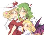  ! 3girls artist_request bangs bat_wings blonde_hair blush bow closed_eyes closed_mouth dress elly_(touhou) eyebrows_visible_through_hair fang green_eyes green_hair hairband hat hat_bow heart highres hug kazami_yuuka kazami_yuuka_(pc-98) kurumi_(touhou) long_sleeves multiple_girls one_eye_covered open_clothes open_mouth open_vest pants plaid plaid_pants plaid_vest pointy_ears purple_bow purple_neckwear red_bow red_dress red_pants red_vest shirt short_sleeves simple_background sweatdrop touhou touhou_(pc-98) vest white_background white_bow white_hairband white_headwear white_shirt wings yellow_bow yellow_neckwear 