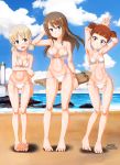  3girls aki_(girls_und_panzer) aquaegg armpits arms_behind_head arms_up artist_name ass_visible_through_thighs bangs barefoot beach bikini blue_sky blunt_bangs blush breasts brown_eyes brown_hair closed_mouth cloud cloudy_sky commentary_request day ears_visible_through_hair eyebrows_visible_through_hair ferry_(ship) frown girls_und_panzer grabbing_own_arm green_eyes grin groin hair_tie hand_in_hair heel_up highres holding holding_instrument instrument kantele large_breasts light_brown_hair lighthouse long_hair looking_at_viewer low_twintails lowleg lowleg_bikini medium_breasts mika_(girls_und_panzer) mikko_(girls_und_panzer) multiple_girls navel no_hat no_headwear ocean outdoors partial_commentary red_eyes red_hair rock shadow ship short_hair short_twintails side-tie_bikini signature sky small_breasts smile standing string_bikini sweatdrop swimsuit toes_up twintails twitter_username v watercraft white_bikini wind 