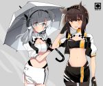  2girls adapted_costume alternate_color artist_logo bandeau black_gloves black_legwear black_panties black_skirt breasts brown_hair cosplay cowboy_shot cropped_jacket edel_(edelcat) gloves gotland_(kantai_collection) gotland_(kantai_collection)_(cosplay) grey_background grey_eyes hair_flaps hatsuzuki_(kantai_collection) headphones headset highleg highleg_panties highres holding holding_umbrella jacket kantai_collection midriff miniskirt multiple_girls navel one_side_up panties pantyhose race_queen short_hair silver_hair simple_background skirt small_breasts suzutsuki_(kantai_collection) twitter_username umbrella underwear white_jacket yellow_eyes 