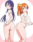  2girls absurdres ass blue_eyes blue_hair blush bottomless bow breasts hair_bow highres kousaka_honoka long_hair looking_at_viewer looking_back love_live! multiple_girls one_side_up orange_hair see-through small_breasts sonoda_umi striped striped_background wewe 