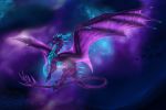  2020 ambiguous_gender blue_body blue_scales claws detailed_background digital_media_(artwork) dragon feral hi_res horn membrane_(anatomy) membranous_wings night open_mouth outside purple_body purple_scales scales scalie selianth sky solo spines star starry_sky teeth tongue western_dragon wings 