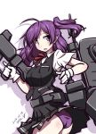  1girl 547th_sy ahoge ass black_skirt black_vest dated dress_shirt gloves hagikaze_(kantai_collection) kantai_collection long_hair looking_at_viewer machinery neck_ribbon one_side_up panties pleated_skirt purple_eyes purple_hair purple_panties red_ribbon ribbon shirt simple_background skirt solo twitter_username underwear vest white_background white_gloves white_shirt 