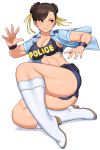  1girl adapted_costume black_sports_bra blue_shorts boots breasts brown_eyes brown_hair chun-li cleavage double_bun epaulettes fat_mons fighting_stance full_body hair_ribbon high_heel_boots high_heels highres knee_boots midriff official_alternate_costume on_ground open_clothes open_shirt police police_uniform policewoman ribbon shigenobu short_hair short_shorts short_sleeves shorts solo sports_bra street_fighter street_fighter_v thick_thighs thighs toned uniform white_footwear wristband 