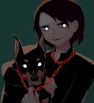  1boy absurdres animal avogado6 black_hair black_shirt blue_eyes bright_pupils chain chained closed_mouth doberman dog drooling green_eyes highres holding holding_animal holding_dog long_sleeves looking_at_viewer original shirt smile solo white_pupils 