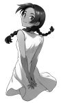  1girl abenobashi_mahou_shoutengai arms_behind_back asahina_arumi bare_arms braid closed_mouth commentary_request cropped_torso dark_skin dress from_behind grey_background greyscale interlocked_fingers long_hair looking_at_viewer looking_back monochrome sayshownen smile solo sundress twin_braids 