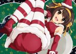  1girl bow breasts brown_eyes brown_hair christmas commentary_request countdown elbow_gloves fur_trim gloves hairband happy haruhisky hat high_heels holding holding_sack medium_breasts mini_hat open_mouth red_bow red_footwear red_gloves ribbon sack santa_hat short_hair smile snowflakes solo striped striped_legwear suzumiya_haruhi suzumiya_haruhi_no_yuuutsu yellow_hairband yellow_ribbon 