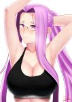 1girl absurdres alternate_costume alternate_hairstyle arm_behind_head armpits arms_up black_sports_bra breasts cleavage fate/grand_order fate/stay_night fate_(series) glasses hair_intakes highres large_breasts long_hair ponytail purple_eyes purple_hair rider sidelocks solo sports_bra square_pupils upper_body very_long_hair white_background zin_(pixiv30275228) 