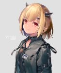  1girl arknights blonde_hair character_name commentary_request copyright_name grey_background hair_ornament hairclip highres horns id_card jacket konayama_kata light_smile pointy_ears red_eyes short_hair simple_background solo upper_body vanilla_(arknights) 
