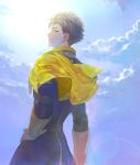  1boy absurdres arm_at_side black_jacket brown_hair claude_von_riegan closed_mouth cloud cowboy_shot day fire_emblem fire_emblem:_three_houses garreg_mach_monastery_uniform hand_on_hip highres huge_filesize jacket jewelry kkia long_sleeves male_focus outdoors profile short_hair sideways_glance single_earring sky smile solo standing sun yellow_capelet 