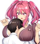  1boy 1girl azur_lane bangs between_breasts black_cardigan black_hair blush breasts bremerton_(azur_lane) cardigan cleavage collared_shirt commander_(azur_lane) english_commentary eyebrows_visible_through_hair grey_hair hair_between_eyes hair_intakes hair_tie head_between_breasts highres hug jewelry large_breasts long_hair looking_at_another military military_jacket military_uniform multicolored_hair naval_uniform necklace no_mole open_mouth pink_eyes pink_hair shirt short_hair sidelocks silver_nails simple_background sleeves_rolled_up standing streaked_hair sweat takurowo textless twintails two-tone_hair uniform upper_body w_arms white_background white_shirt 