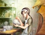  1boy 369akuru apron black_hair box headband indoors koga_norio long_hair looking_at_viewer narutaru otoko_no_ko prosthesis shelf short_sleeves sidelocks table teeth white_headband 