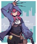  1girl arknights between_fingers blue_eyes blue_poison_(arknights) character_name highres holding holding_weapon hood hoodie kakiyokan low_twintails pink_hair pouch rectangular_pupils shorts symbol-shaped_pupils syringe twintails weapon 