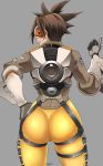  1girl ass black_gloves bodysuit bomber_jacket brown_jacket butcha-u chest_harness cross-laced_legwear from_behind gloves goggles grey_background hand_on_hip harness highres jacket lips looking_at_viewer looking_back orange-tinted_eyewear orange_bodysuit overwatch pants skin_tight skindentation solo spiked_hair thigh_strap thumbs_up tight tight_pants tracer_(overwatch) union_jack vambraces 