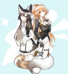  2girls animal_ears anya_pandaria apron atelier_live back-to-back black_dress black_gloves black_jacket blue_background bow bowtie bra breasts brown_eyes buttoniris cleavage clipboard colored_inner_hair commentary dress english_commentary fox_ears fox_tail gloves green_green grey_bra grey_hair hair_ornament hairclip half_gloves hand_up highres holding holding_clipboard jacket leotard long_hair looking_at_viewer maid medium_breasts multicolored_hair multiple_girls orange_hair parted_lips ponytail puffy_short_sleeves puffy_sleeves red_panda_ears red_panda_tail short_sleeves standing tail underwear very_long_hair virtual_youtuber white_apron white_bow white_leotard white_neckwear wrist_cuffs 